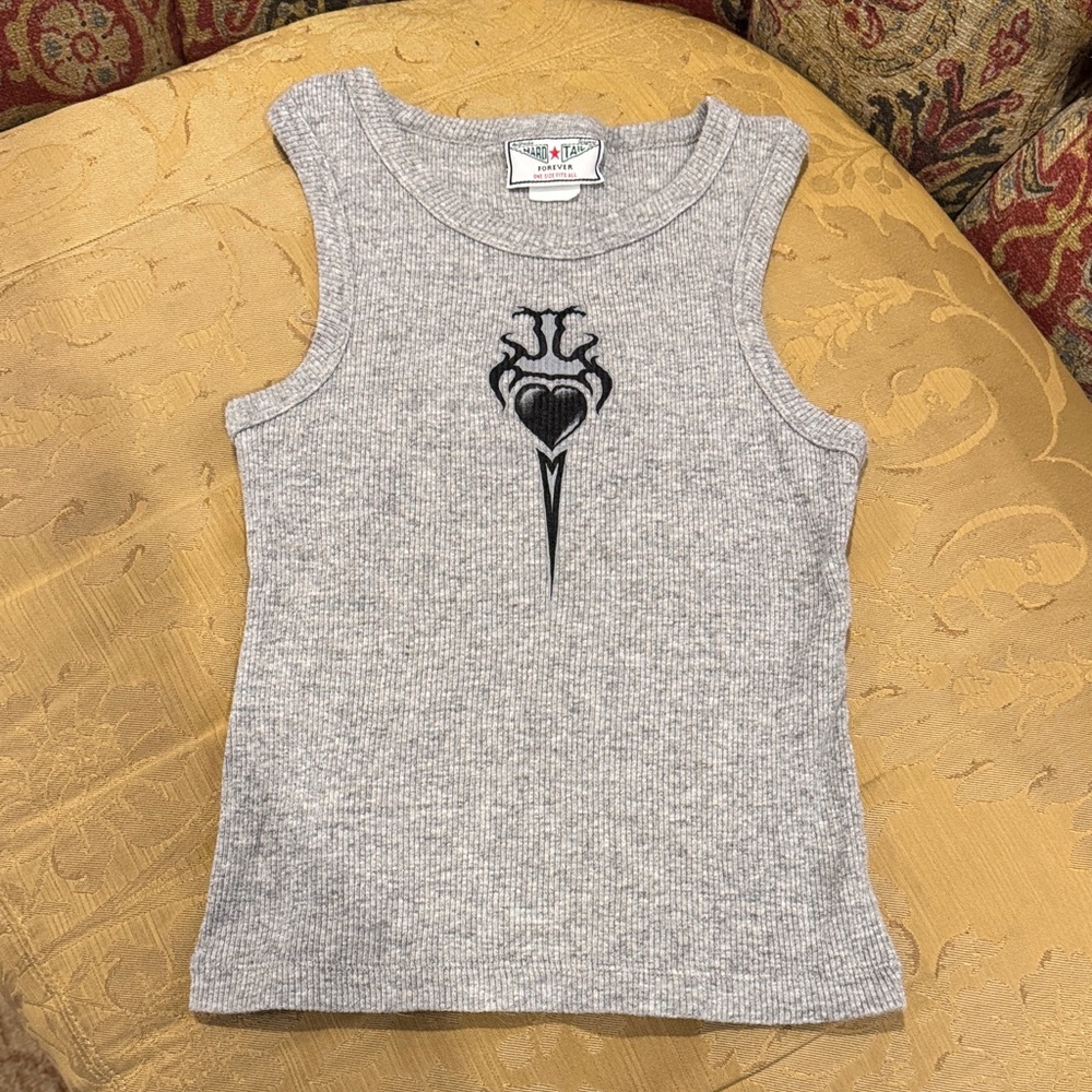 Vintage Hard Tail Forever Gray Ribbed Tank Top with Black Heart Design